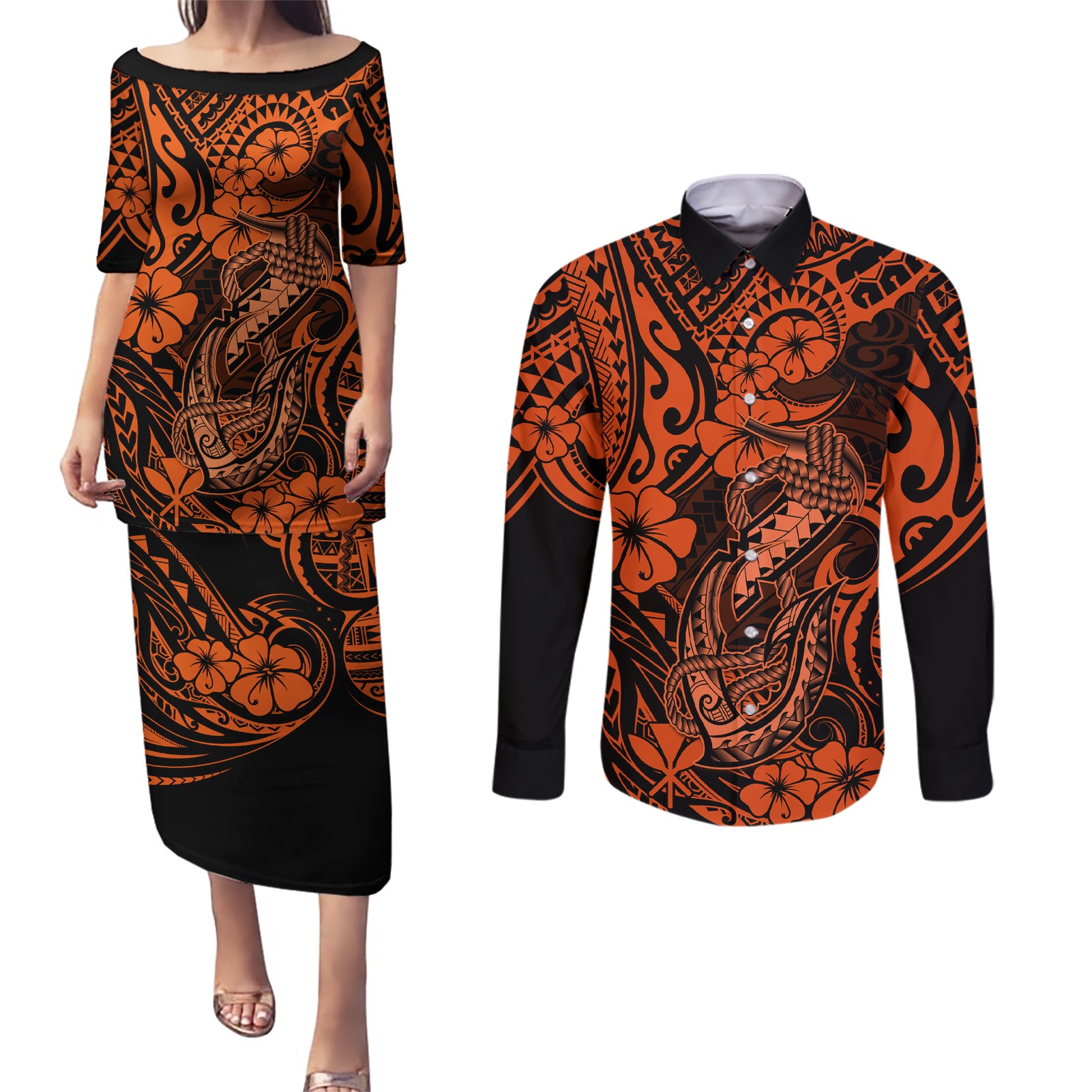 Hawaii Fish Hook Couples Matching Puletasi Dress and Long Sleeve Button Shirts Polynesian Pattern Orange Version - Wonder Print Shop