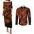 Hawaii Fish Hook Couples Matching Puletasi Dress and Long Sleeve Button Shirts Polynesian Pattern Orange Version - Wonder Print Shop