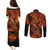 Hawaii Fish Hook Couples Matching Puletasi Dress and Long Sleeve Button Shirts Polynesian Pattern Orange Version - Wonder Print Shop
