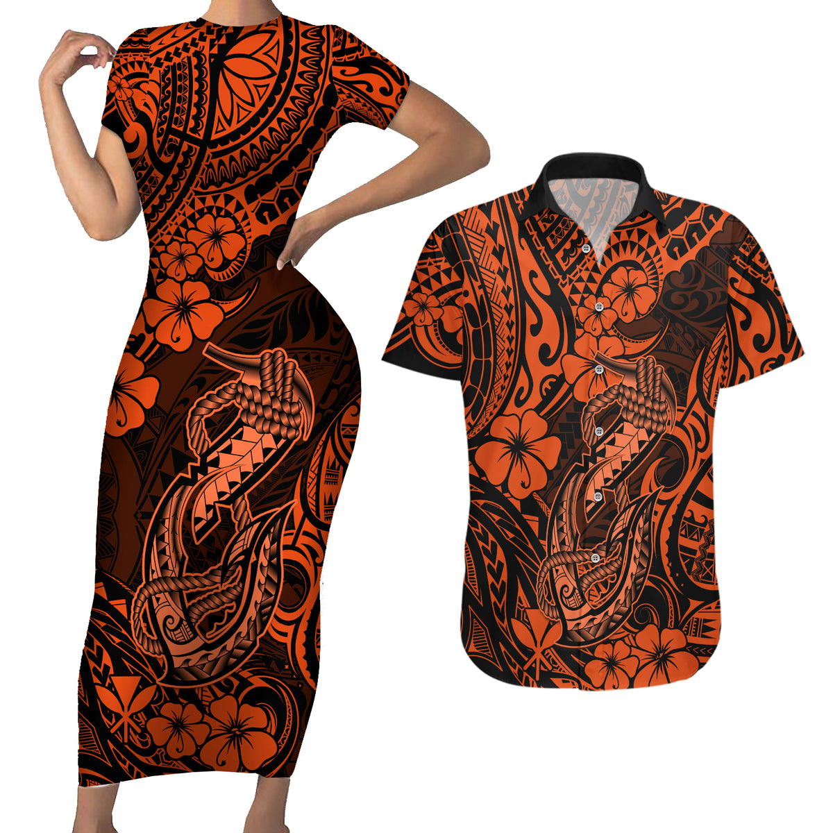 Hawaii Fish Hook Couples Matching Short Sleeve Bodycon Dress and Hawaiian Shirt Polynesian Pattern Orange Version - Wonder Print Shop