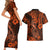 Hawaii Fish Hook Couples Matching Short Sleeve Bodycon Dress and Hawaiian Shirt Polynesian Pattern Orange Version - Wonder Print Shop