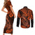 Hawaii Fish Hook Couples Matching Short Sleeve Bodycon Dress and Long Sleeve Button Shirts Polynesian Pattern Orange Version - Wonder Print Shop