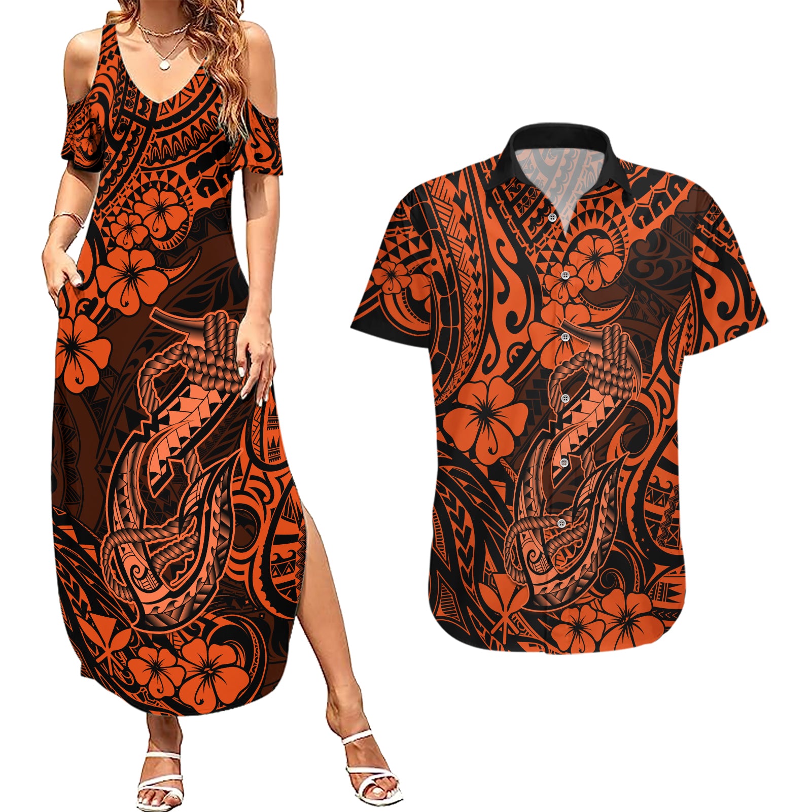 Hawaii Fish Hook Couples Matching Summer Maxi Dress and Hawaiian Shirt Polynesian Pattern Orange Version - Wonder Print Shop