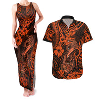 Hawaii Fish Hook Couples Matching Tank Maxi Dress and Hawaiian Shirt Polynesian Pattern Orange Version - Wonder Print Shop