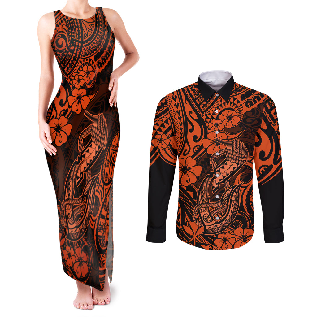 Hawaii Fish Hook Couples Matching Tank Maxi Dress and Long Sleeve Button Shirts Polynesian Pattern Orange Version - Wonder Print Shop