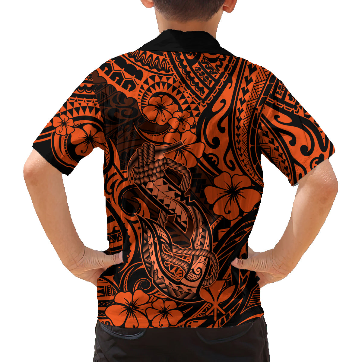 Hawaii Fish Hook Family Matching Long Sleeve Bodycon Dress and Hawaiian Shirt Polynesian Pattern Orange Version - Wonder Print Shop