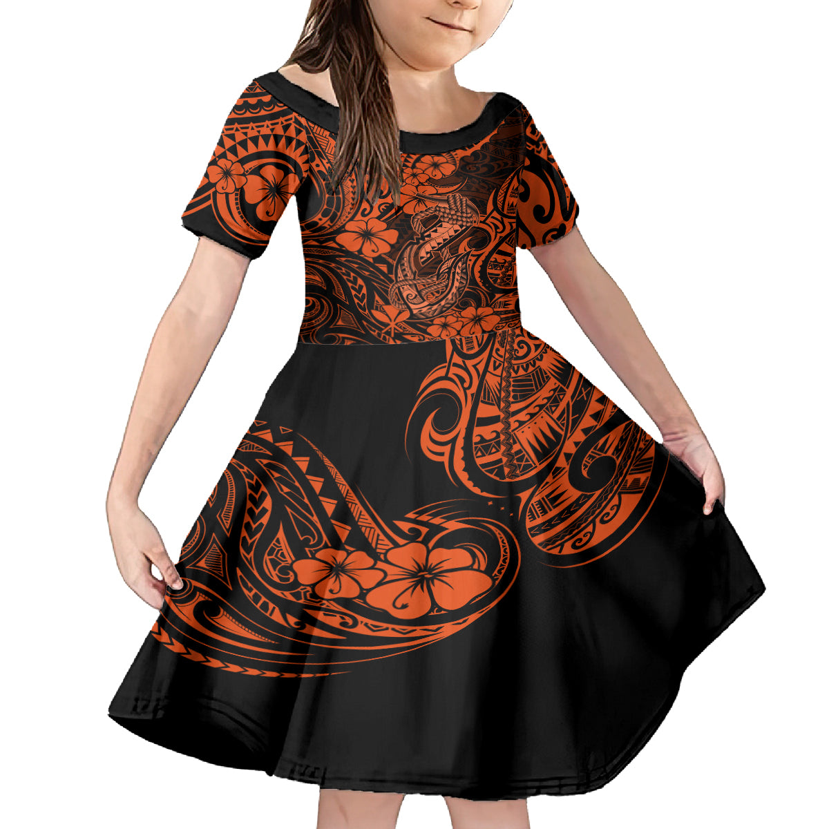 Hawaii Fish Hook Family Matching Long Sleeve Bodycon Dress and Hawaiian Shirt Polynesian Pattern Orange Version - Wonder Print Shop