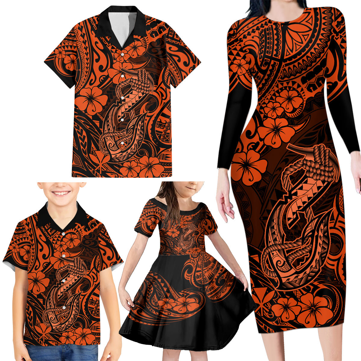Hawaii Fish Hook Family Matching Long Sleeve Bodycon Dress and Hawaiian Shirt Polynesian Pattern Orange Version - Wonder Print Shop