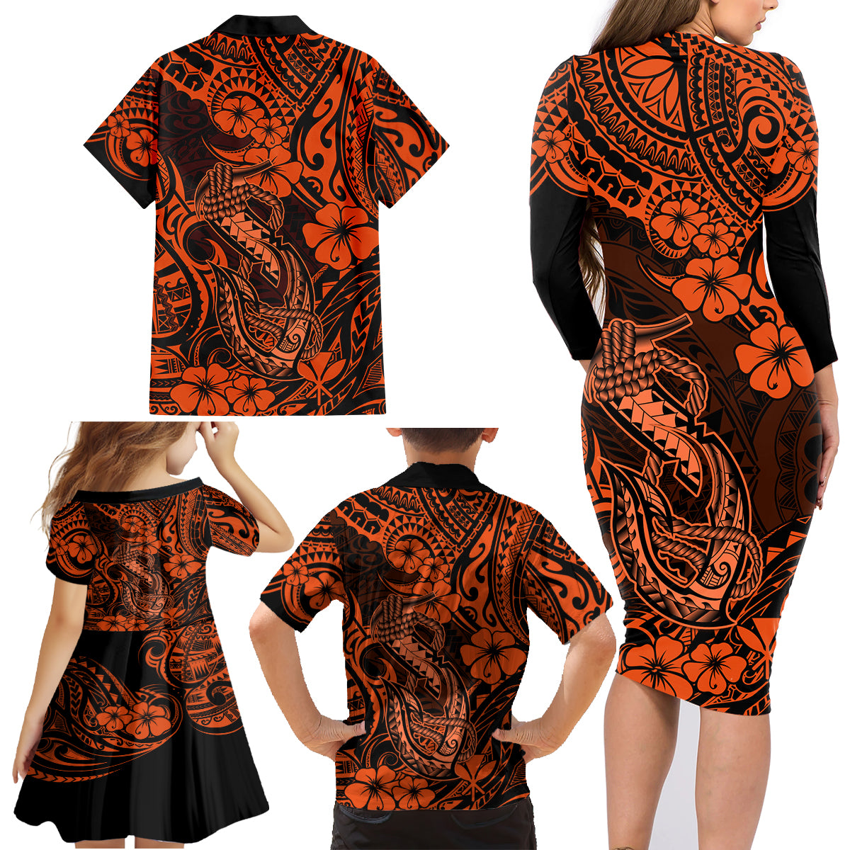 Hawaii Fish Hook Family Matching Long Sleeve Bodycon Dress and Hawaiian Shirt Polynesian Pattern Orange Version - Wonder Print Shop