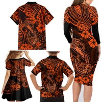 Hawaii Fish Hook Family Matching Long Sleeve Bodycon Dress and Hawaiian Shirt Polynesian Pattern Orange Version - Wonder Print Shop