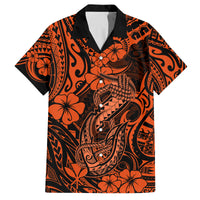Hawaii Fish Hook Family Matching Long Sleeve Bodycon Dress and Hawaiian Shirt Polynesian Pattern Orange Version - Wonder Print Shop