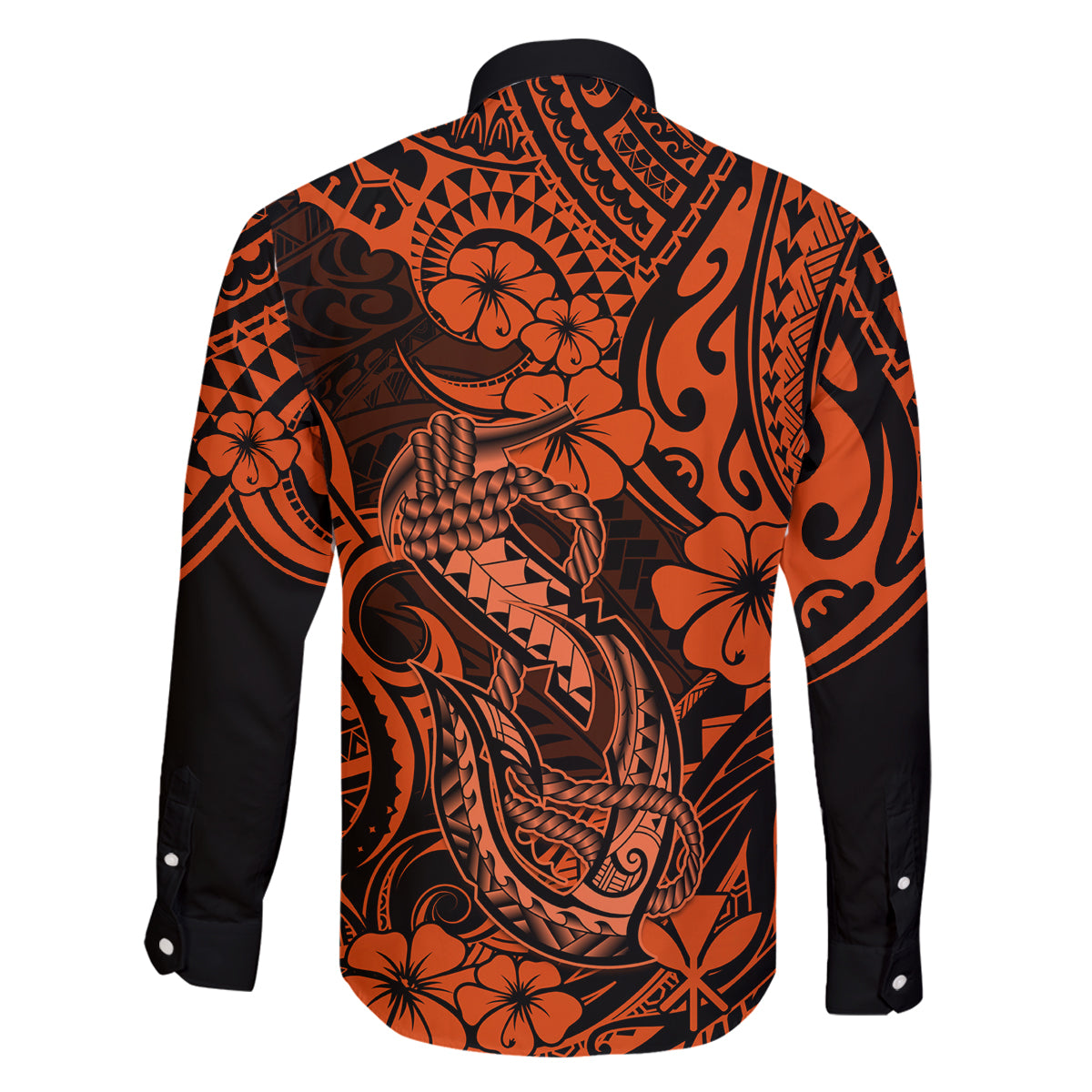 Hawaii Fish Hook Family Matching Long Sleeve Bodycon Dress and Hawaiian Shirt Polynesian Pattern Orange Version - Wonder Print Shop