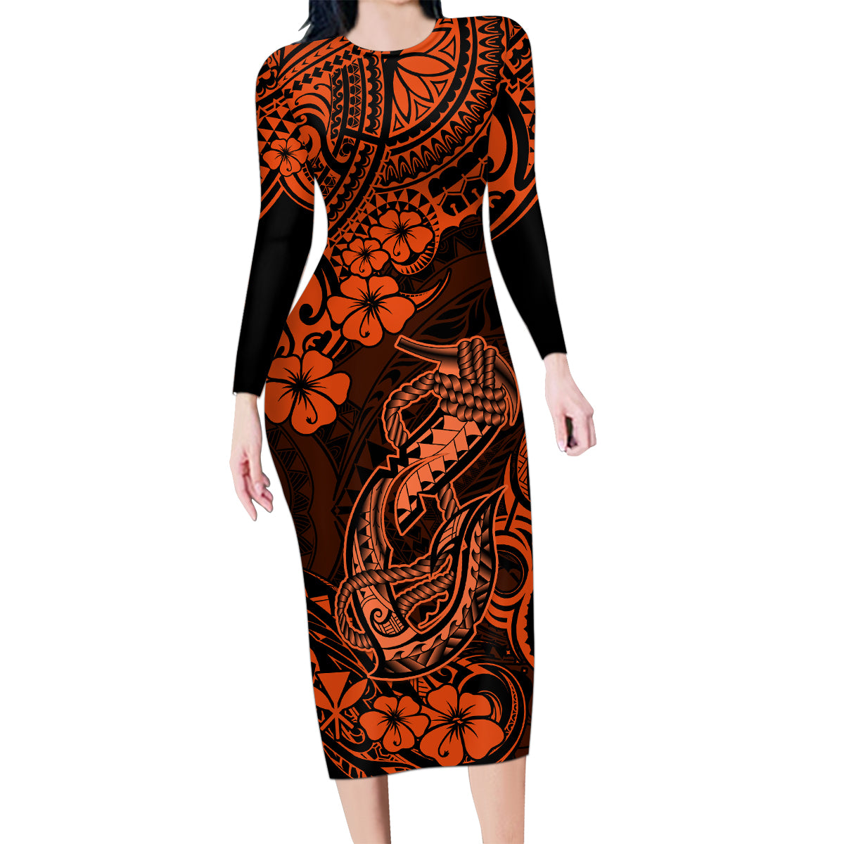 Hawaii Fish Hook Family Matching Long Sleeve Bodycon Dress and Hawaiian Shirt Polynesian Pattern Orange Version - Wonder Print Shop
