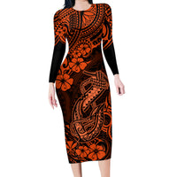 Hawaii Fish Hook Family Matching Long Sleeve Bodycon Dress and Hawaiian Shirt Polynesian Pattern Orange Version - Wonder Print Shop