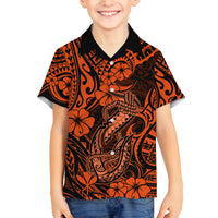 Hawaii Fish Hook Family Matching Long Sleeve Bodycon Dress and Hawaiian Shirt Polynesian Pattern Orange Version - Wonder Print Shop