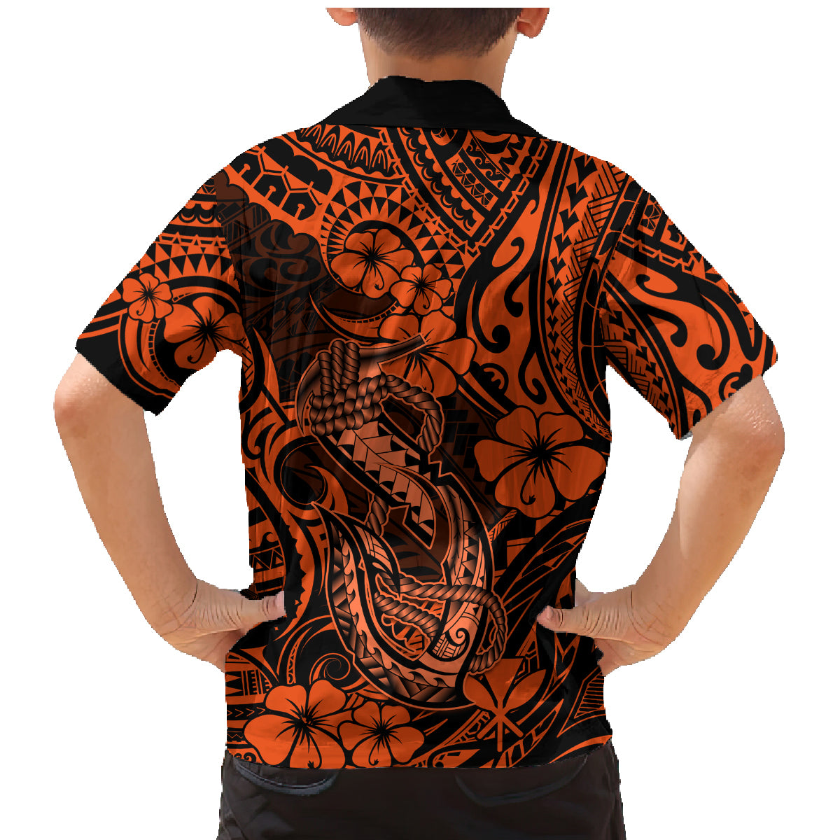 Hawaii Fish Hook Family Matching Mermaid Dress and Hawaiian Shirt Polynesian Pattern Orange Version - Wonder Print Shop