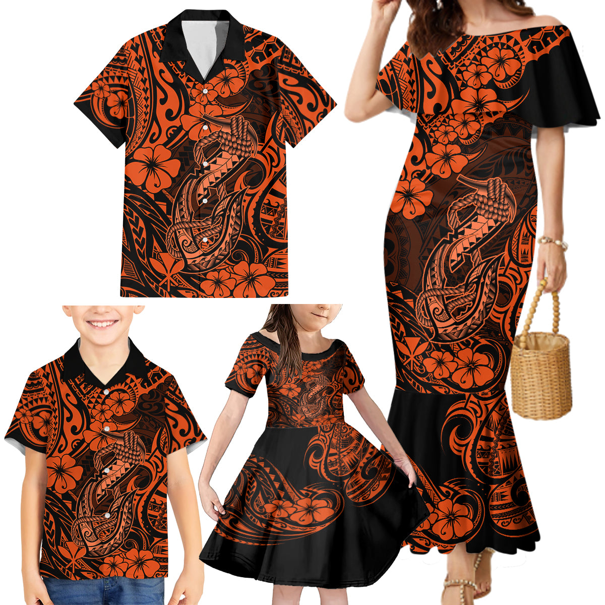 Hawaii Fish Hook Family Matching Mermaid Dress and Hawaiian Shirt Polynesian Pattern Orange Version - Wonder Print Shop