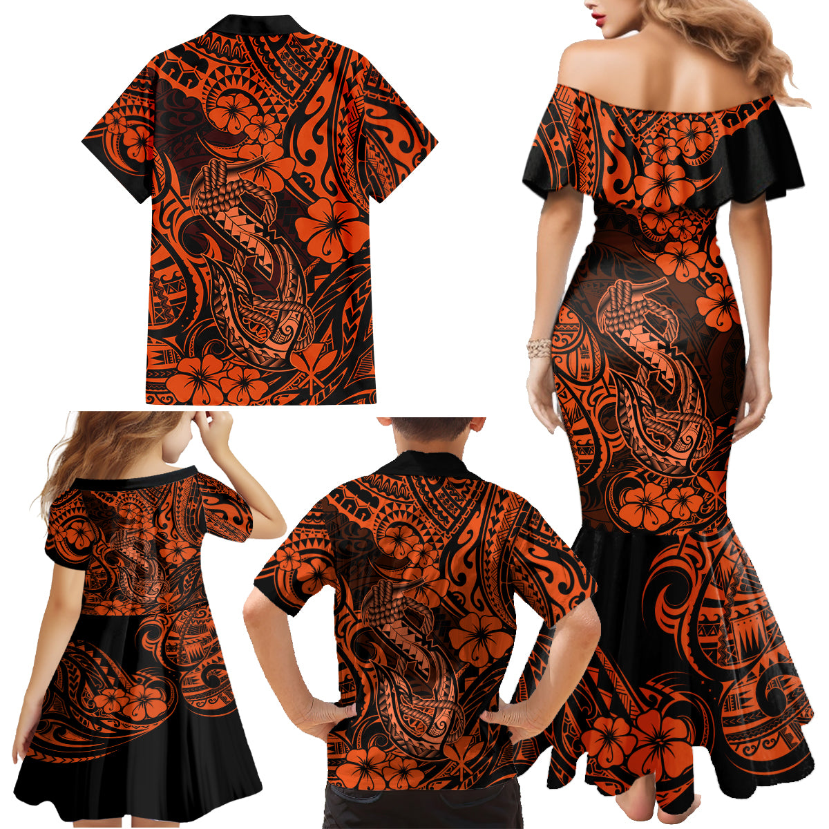 Hawaii Fish Hook Family Matching Mermaid Dress and Hawaiian Shirt Polynesian Pattern Orange Version - Wonder Print Shop