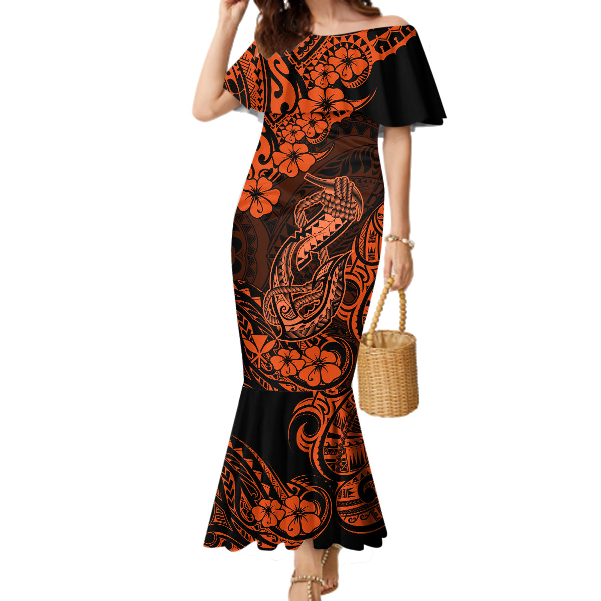 Hawaii Fish Hook Family Matching Mermaid Dress and Hawaiian Shirt Polynesian Pattern Orange Version - Wonder Print Shop