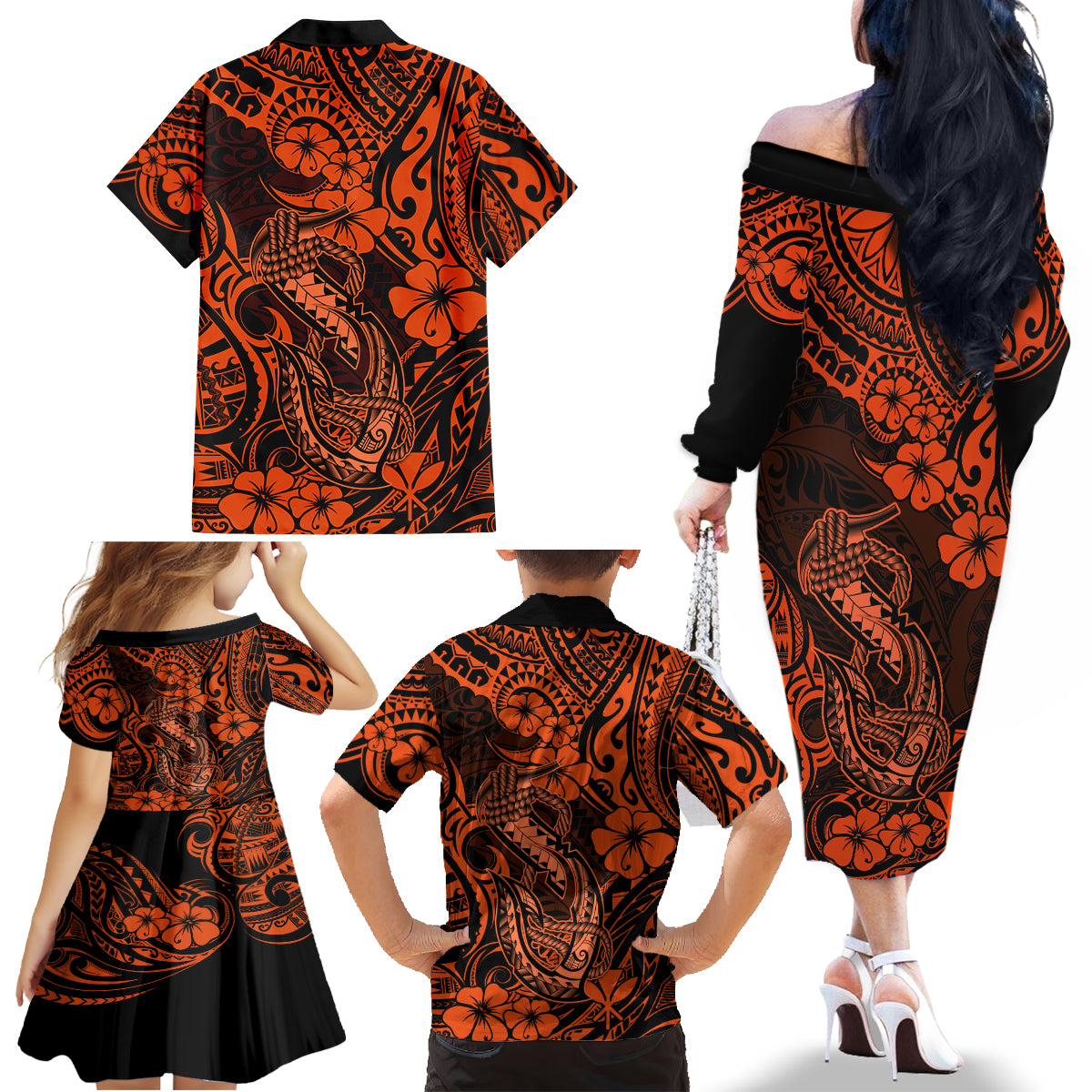 Hawaii Fish Hook Family Matching Off Shoulder Long Sleeve Dress and Hawaiian Shirt Polynesian Pattern Orange Version - Wonder Print Shop