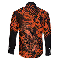 Hawaii Fish Hook Family Matching Off Shoulder Long Sleeve Dress and Hawaiian Shirt Polynesian Pattern Orange Version - Wonder Print Shop