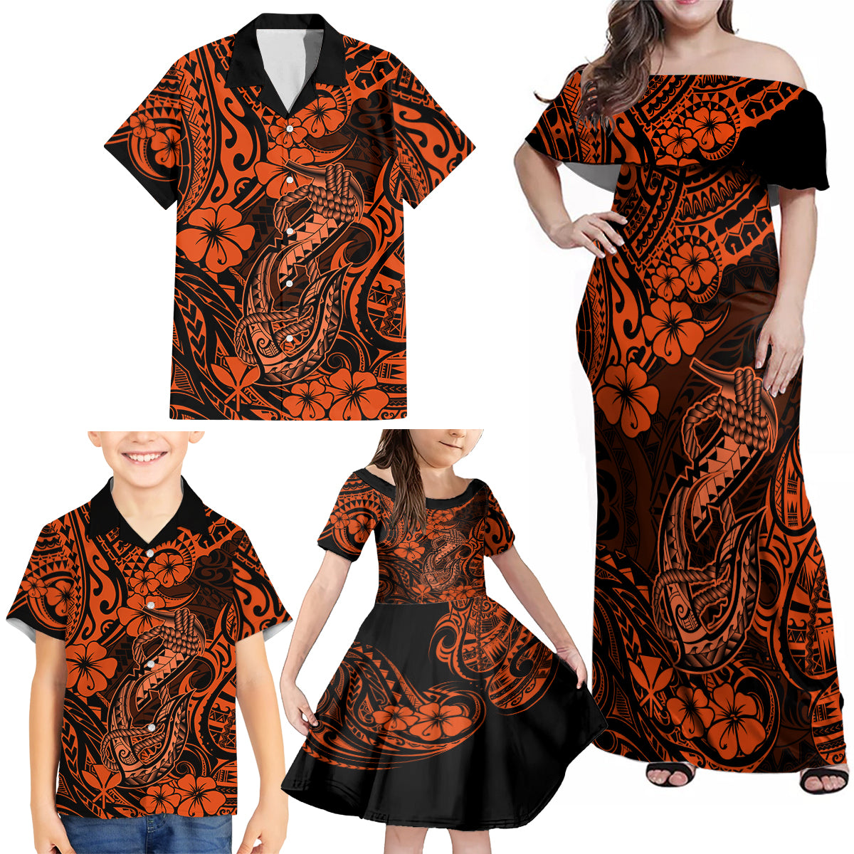 Hawaii Fish Hook Family Matching Off Shoulder Maxi Dress and Hawaiian Shirt Polynesian Pattern Orange Version - Wonder Print Shop