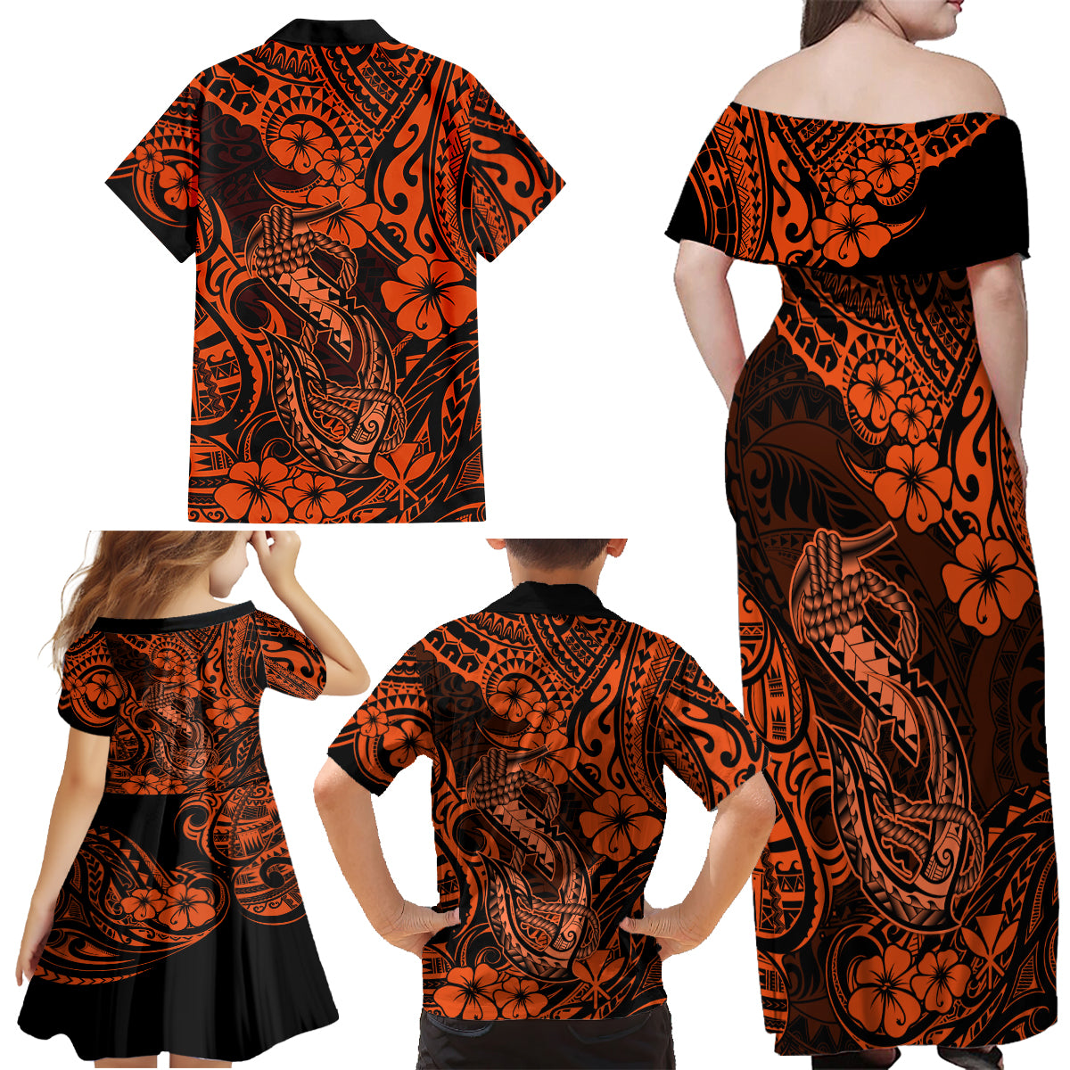 Hawaii Fish Hook Family Matching Off Shoulder Maxi Dress and Hawaiian Shirt Polynesian Pattern Orange Version - Wonder Print Shop