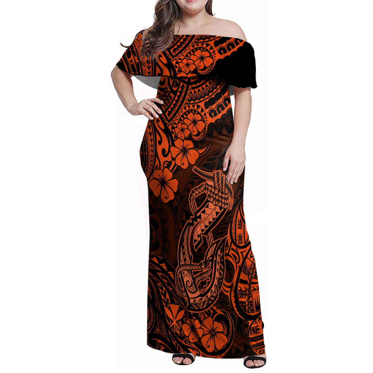 Hawaii Fish Hook Family Matching Off Shoulder Maxi Dress and Hawaiian Shirt Polynesian Pattern Orange Version - Wonder Print Shop