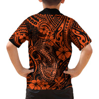 Hawaii Fish Hook Family Matching Off Shoulder Short Dress and Hawaiian Shirt Polynesian Pattern Orange Version - Wonder Print Shop
