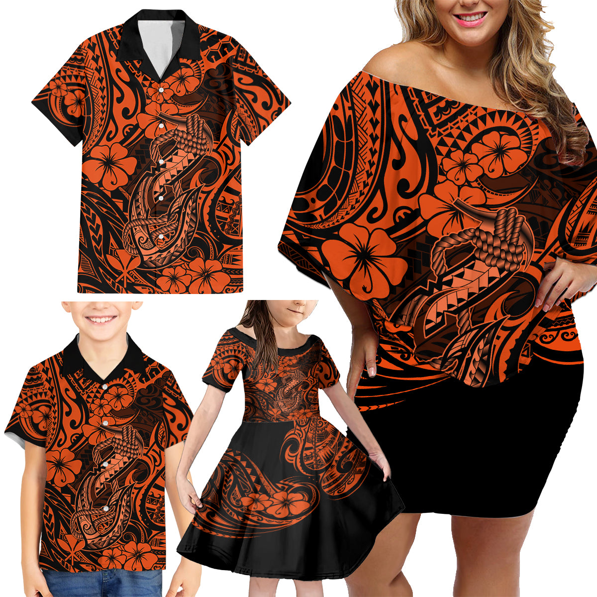 Hawaii Fish Hook Family Matching Off Shoulder Short Dress and Hawaiian Shirt Polynesian Pattern Orange Version - Wonder Print Shop