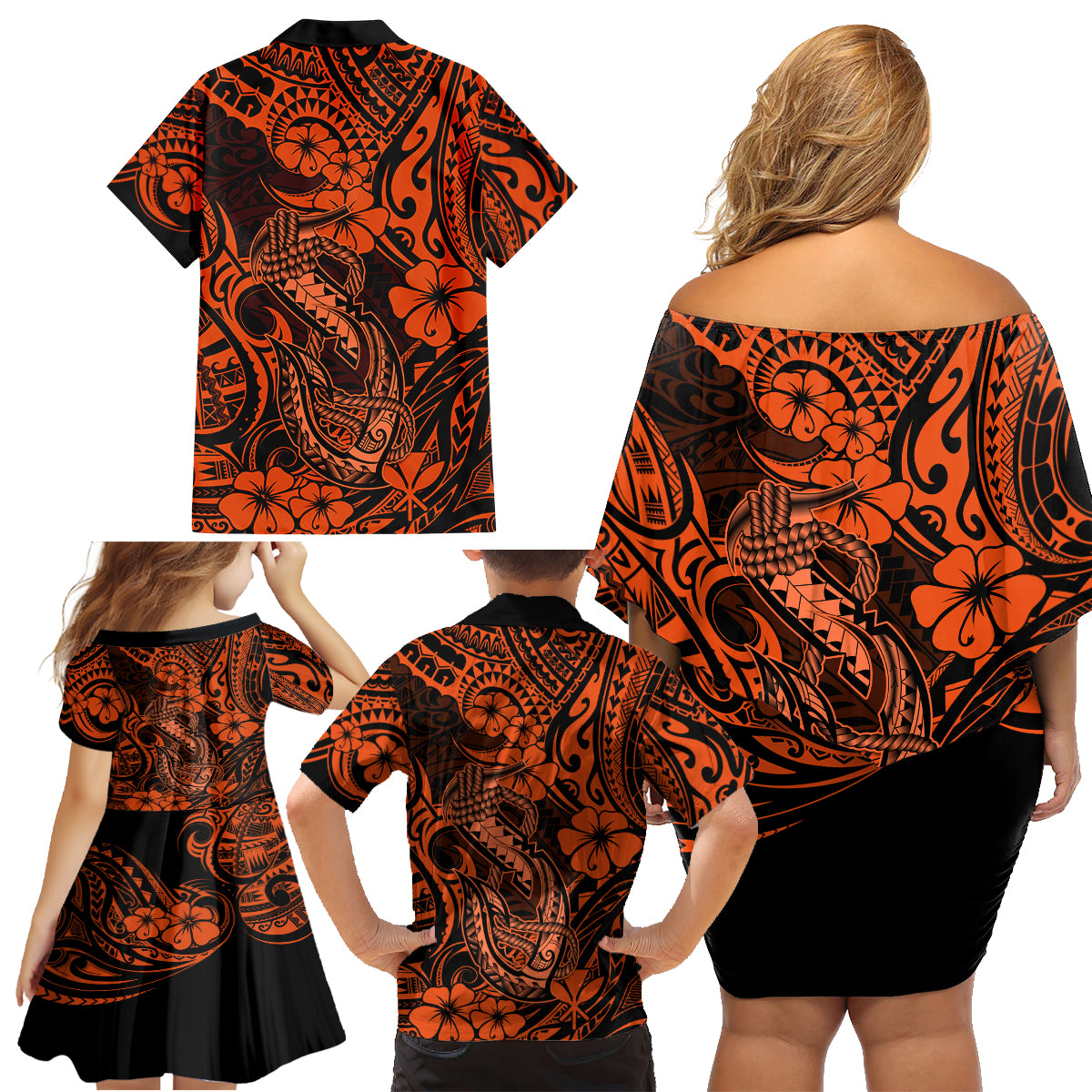Hawaii Fish Hook Family Matching Off Shoulder Short Dress and Hawaiian Shirt Polynesian Pattern Orange Version - Wonder Print Shop