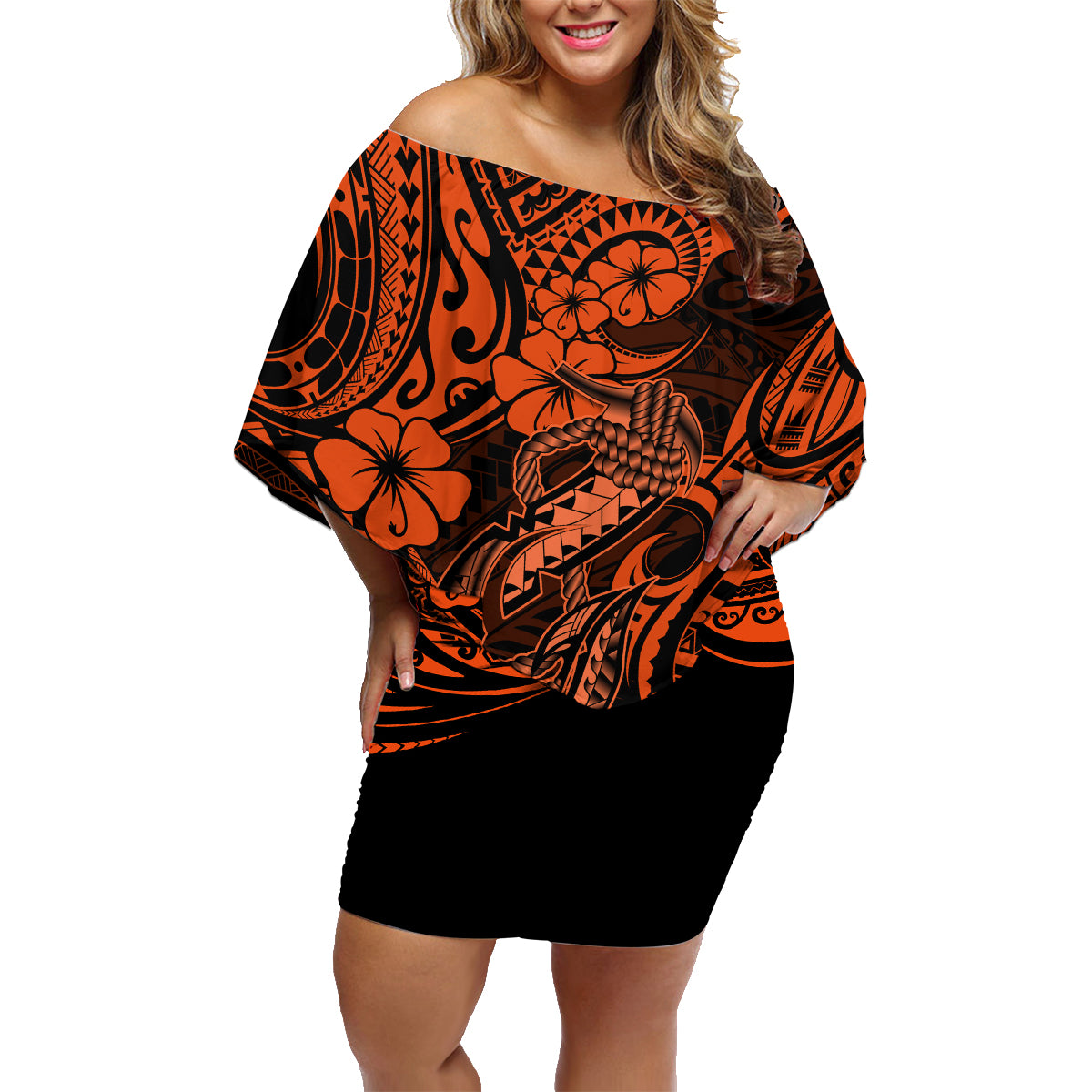 Hawaii Fish Hook Family Matching Off Shoulder Short Dress and Hawaiian Shirt Polynesian Pattern Orange Version - Wonder Print Shop