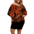 Hawaii Fish Hook Family Matching Off Shoulder Short Dress and Hawaiian Shirt Polynesian Pattern Orange Version - Wonder Print Shop