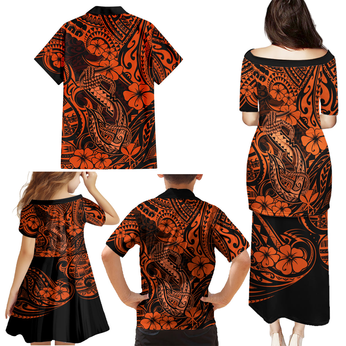 Hawaii Fish Hook Family Matching Puletasi Dress and Hawaiian Shirt Polynesian Pattern Orange Version - Wonder Print Shop