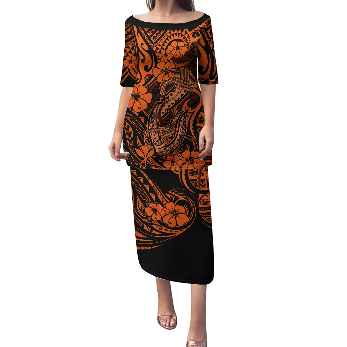 Hawaii Fish Hook Family Matching Puletasi Dress and Hawaiian Shirt Polynesian Pattern Orange Version - Wonder Print Shop
