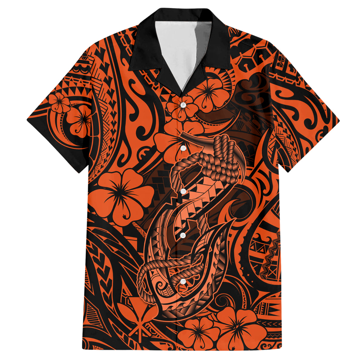 Hawaii Fish Hook Family Matching Short Sleeve Bodycon Dress and Hawaiian Shirt Polynesian Pattern Orange Version - Wonder Print Shop