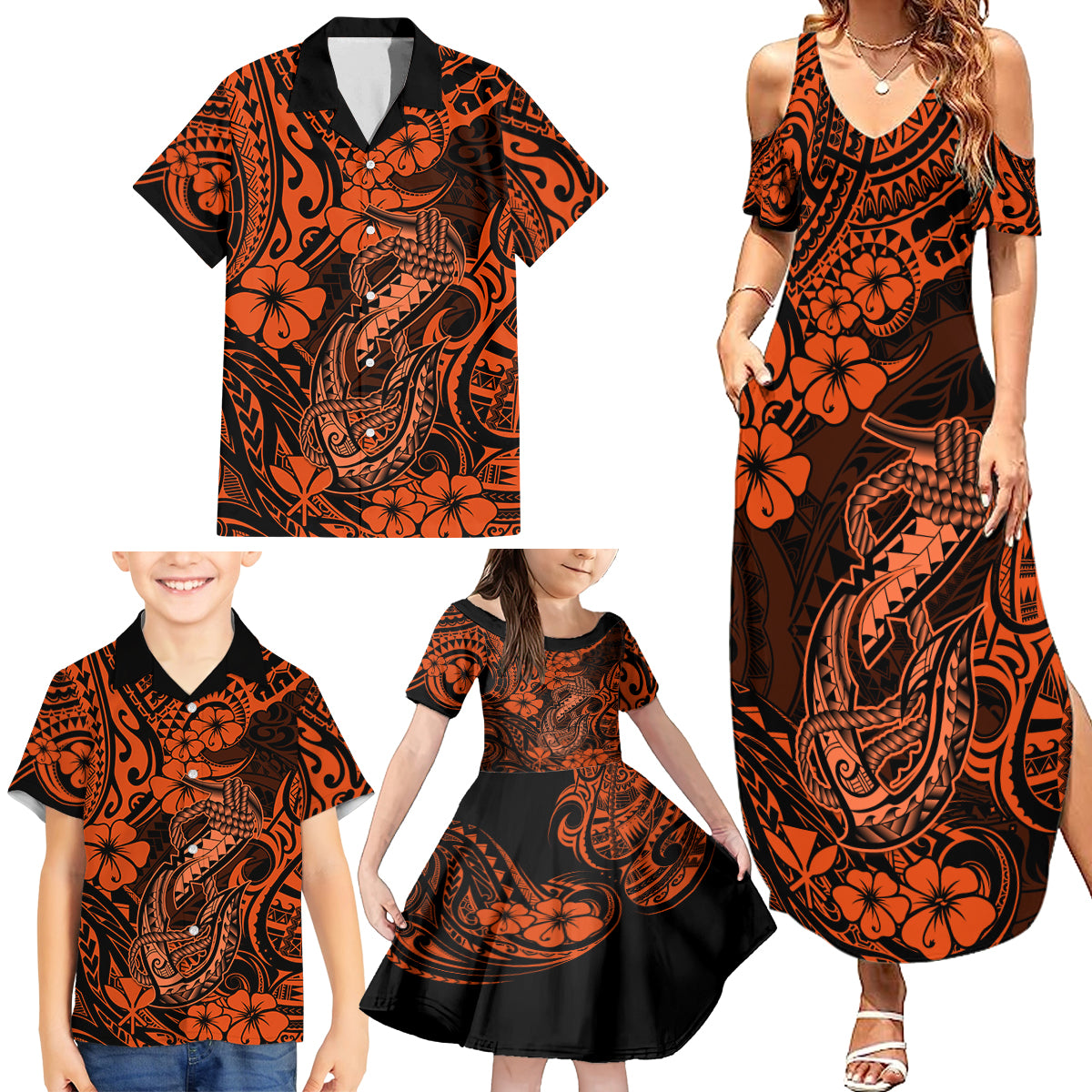 Hawaii Fish Hook Family Matching Summer Maxi Dress and Hawaiian Shirt Polynesian Pattern Orange Version - Wonder Print Shop