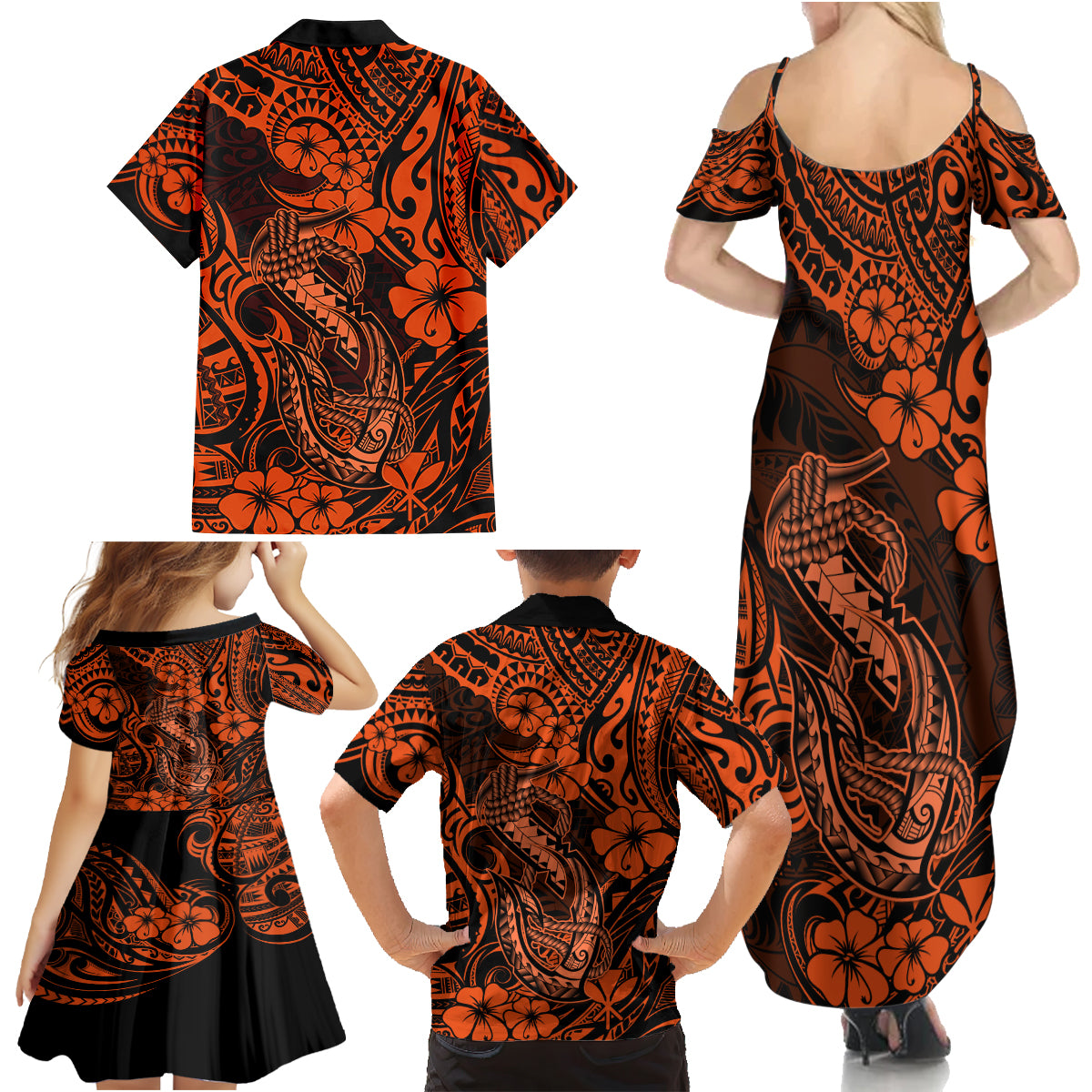 Hawaii Fish Hook Family Matching Summer Maxi Dress and Hawaiian Shirt Polynesian Pattern Orange Version - Wonder Print Shop
