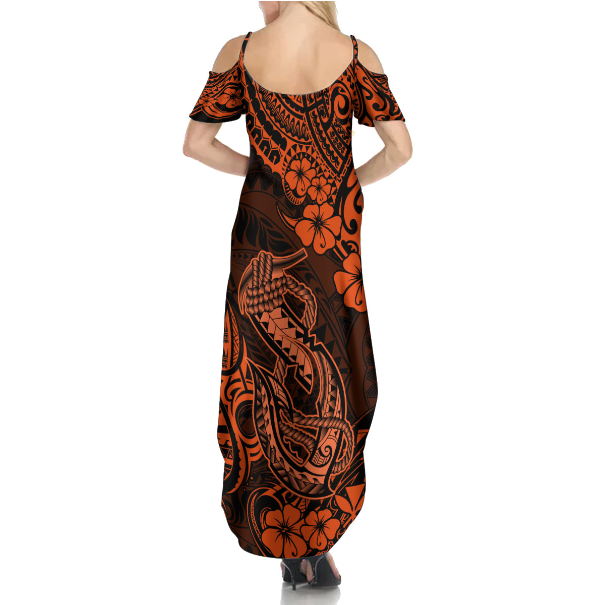 Hawaii Fish Hook Family Matching Summer Maxi Dress and Hawaiian Shirt Polynesian Pattern Orange Version - Wonder Print Shop