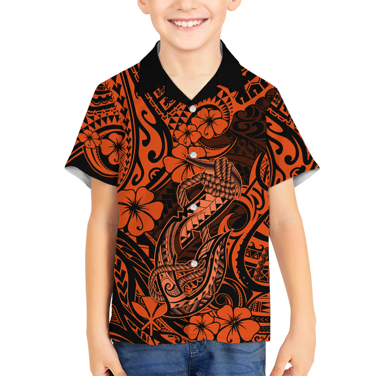 Hawaii Fish Hook Family Matching Summer Maxi Dress and Hawaiian Shirt Polynesian Pattern Orange Version - Wonder Print Shop