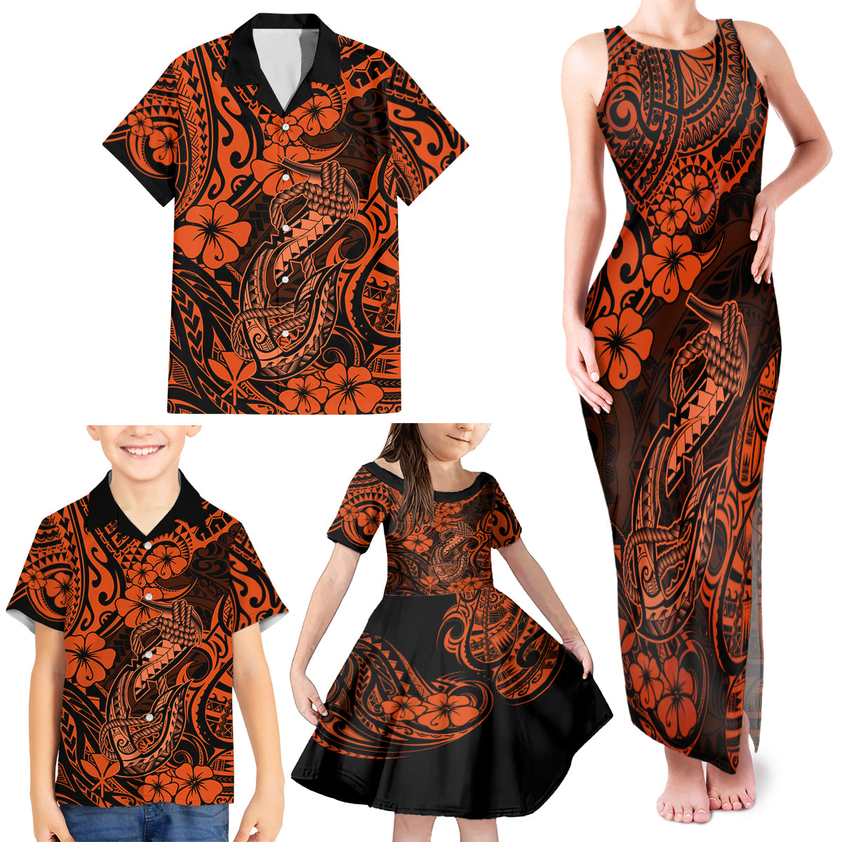 Hawaii Fish Hook Family Matching Tank Maxi Dress and Hawaiian Shirt Polynesian Pattern Orange Version - Wonder Print Shop