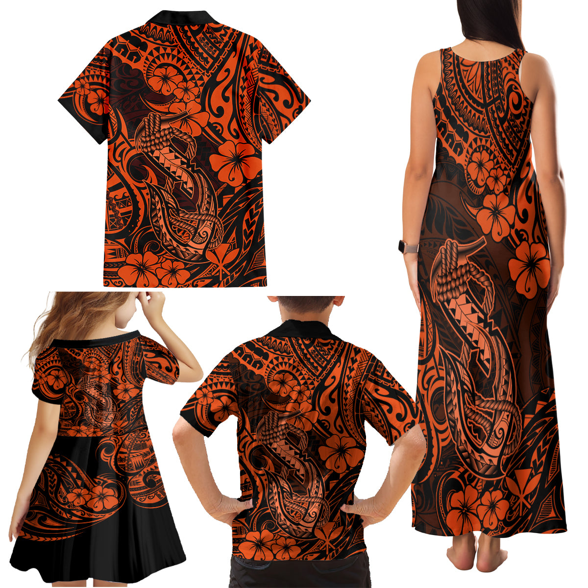 Hawaii Fish Hook Family Matching Tank Maxi Dress and Hawaiian Shirt Polynesian Pattern Orange Version - Wonder Print Shop