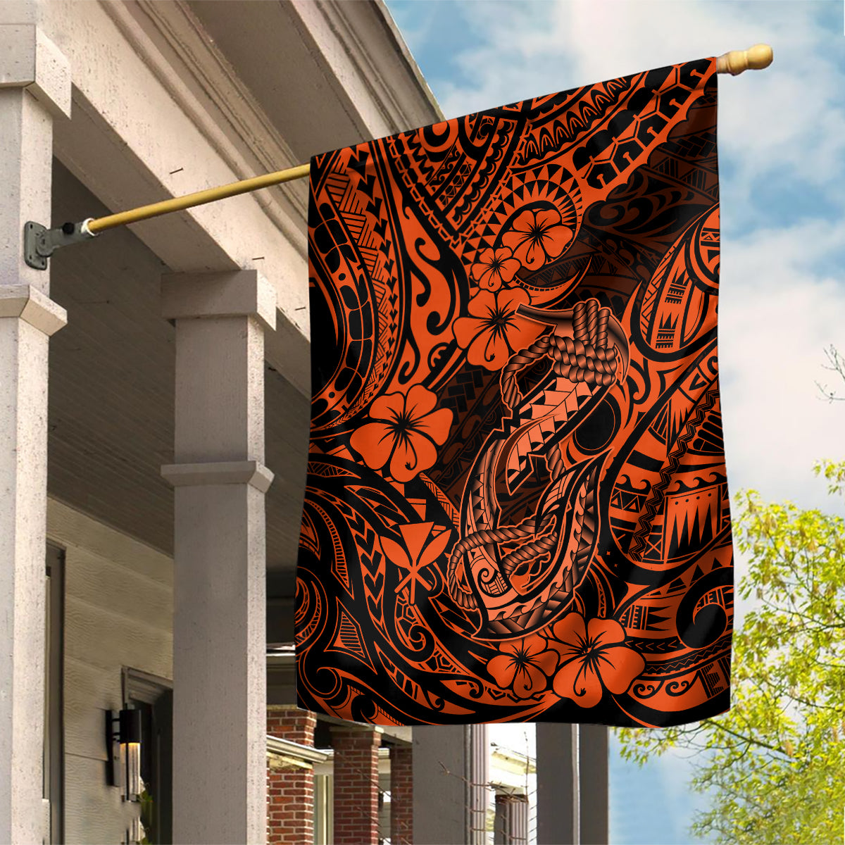 Hawaii Fish Hook Garden Flag Polynesian Pattern Orange Version - Wonder Print Shop