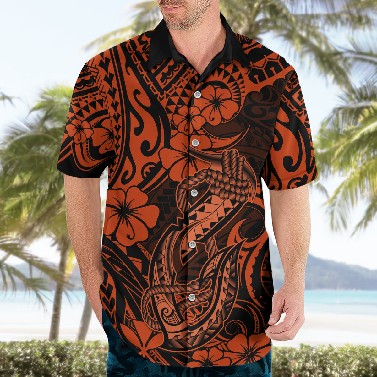 Hawaii Fish Hook Hawaiian Shirt Polynesian Pattern Orange Version - Wonder Print Shop