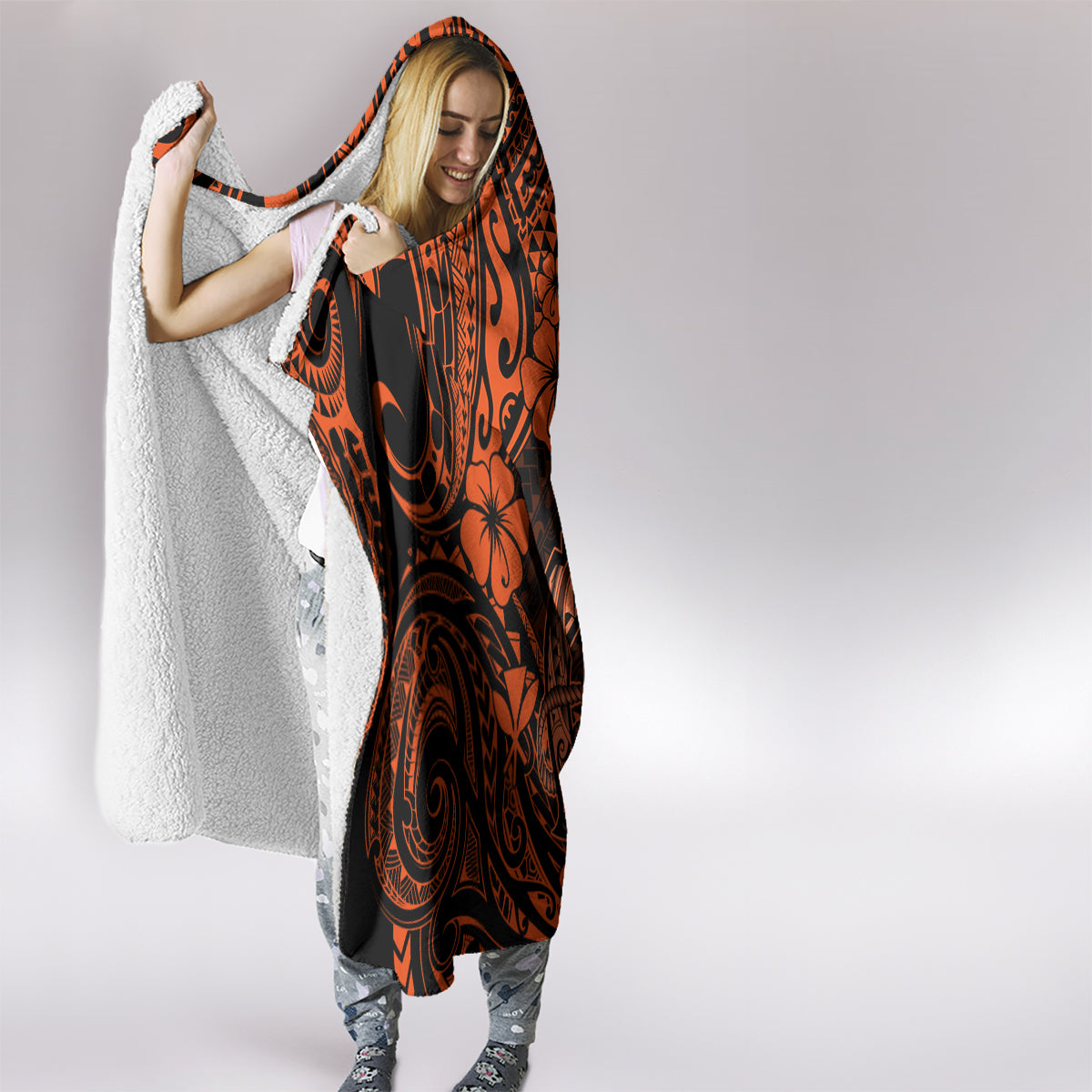 Hawaii Fish Hook Hooded Blanket Polynesian Pattern Orange Version LT01