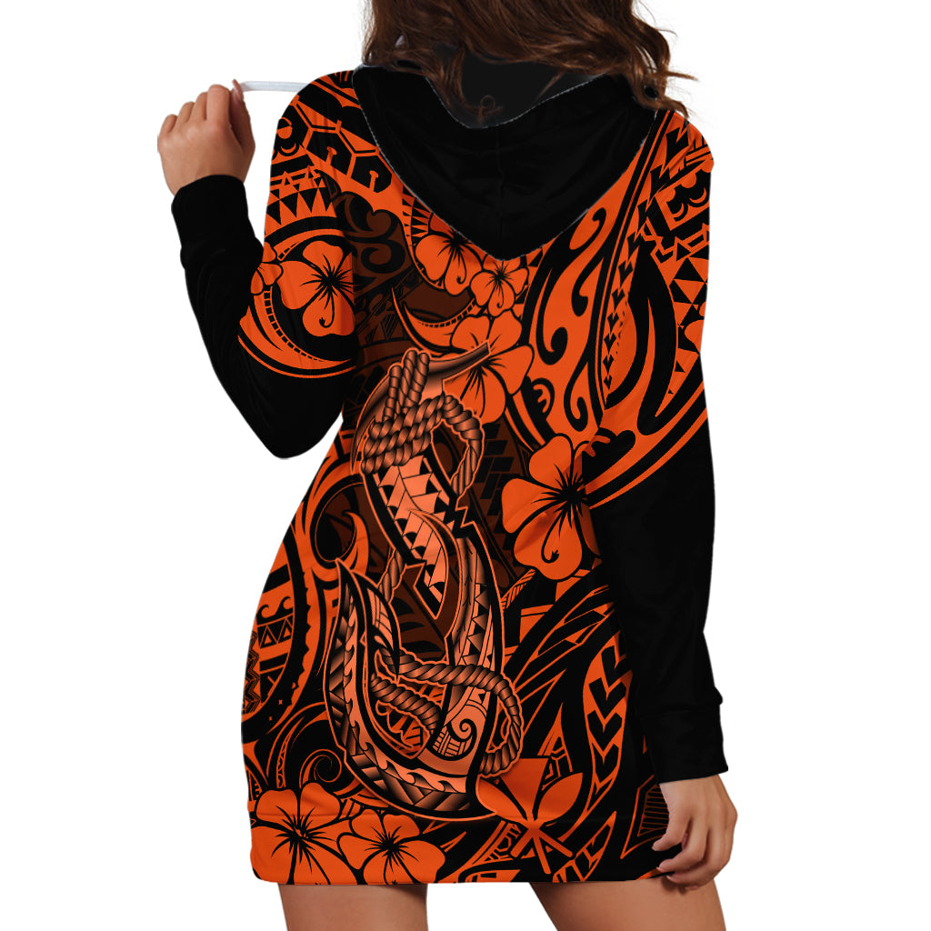 Hawaii Fish Hook Hoodie Dress Polynesian Pattern Orange Version - Wonder Print Shop