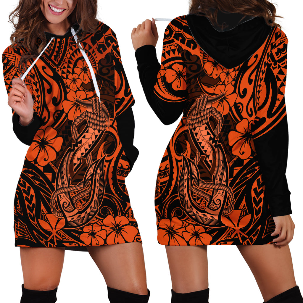 Hawaii Fish Hook Hoodie Dress Polynesian Pattern Orange Version - Wonder Print Shop