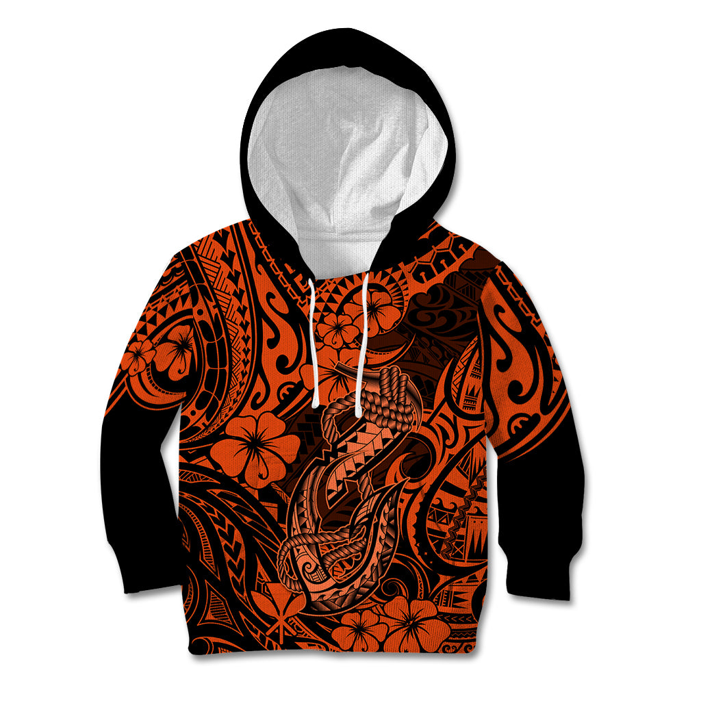 Hawaii Fish Hook Kid Hoodie Polynesian Pattern Orange Version - Wonder Print Shop