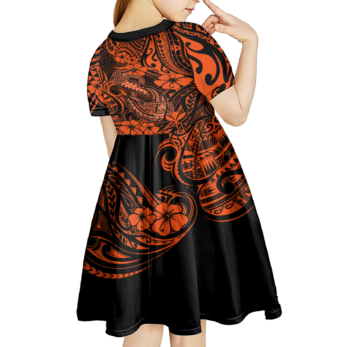 Hawaii Fish Hook Kid Short Sleeve Dress Polynesian Pattern Orange Version - Wonder Print Shop