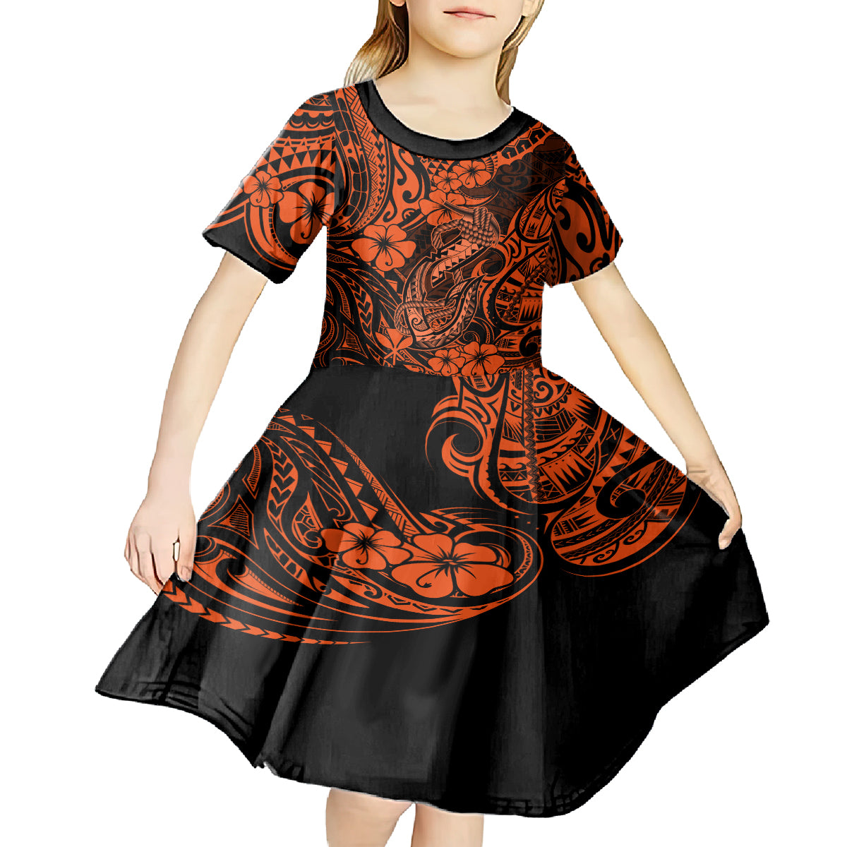Hawaii Fish Hook Kid Short Sleeve Dress Polynesian Pattern Orange Version - Wonder Print Shop